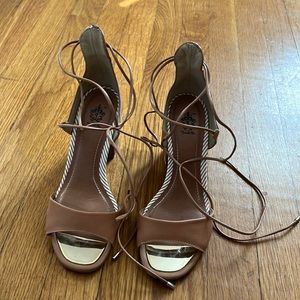 French Blu peep toe camel lace up pumps